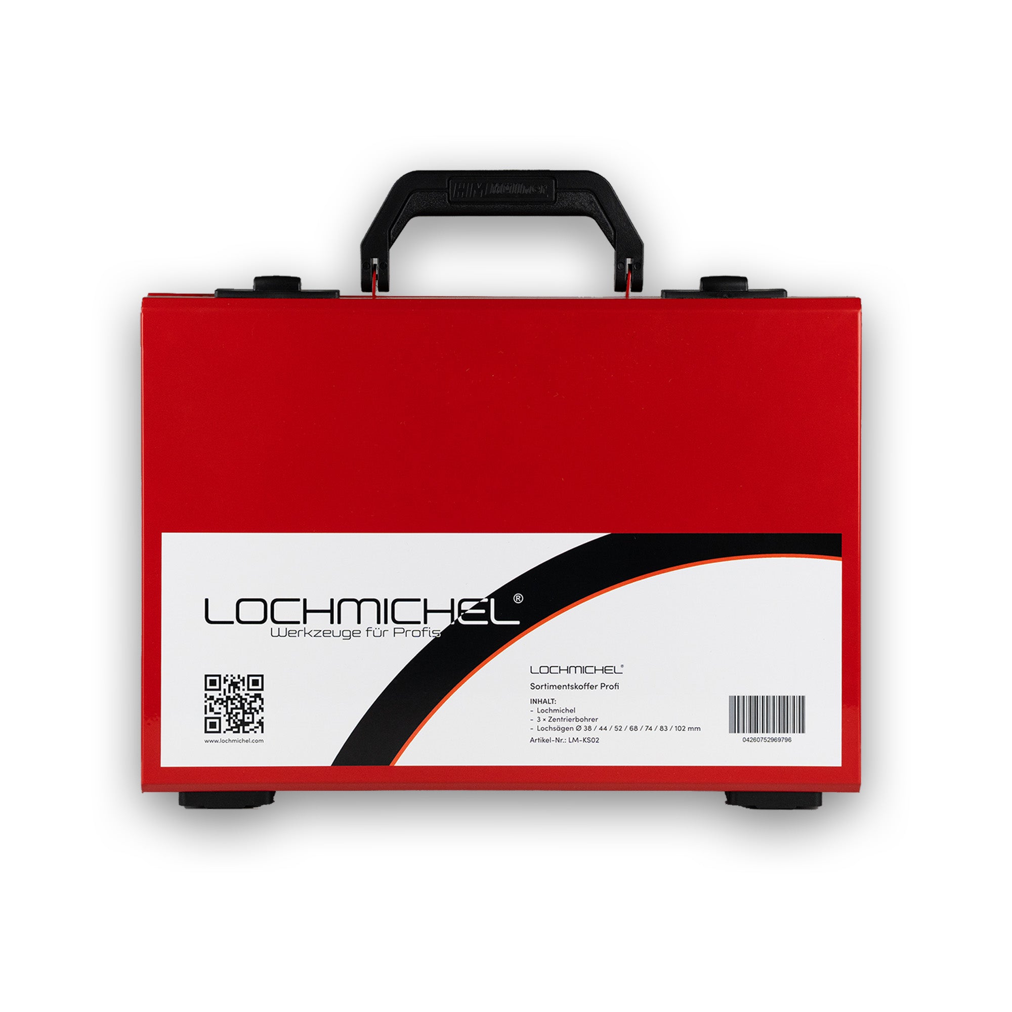 Lochmichel Sortimentskoffer Profi geschlossen, Frontansicht mit Lochmichel-Logo und Produktetikett