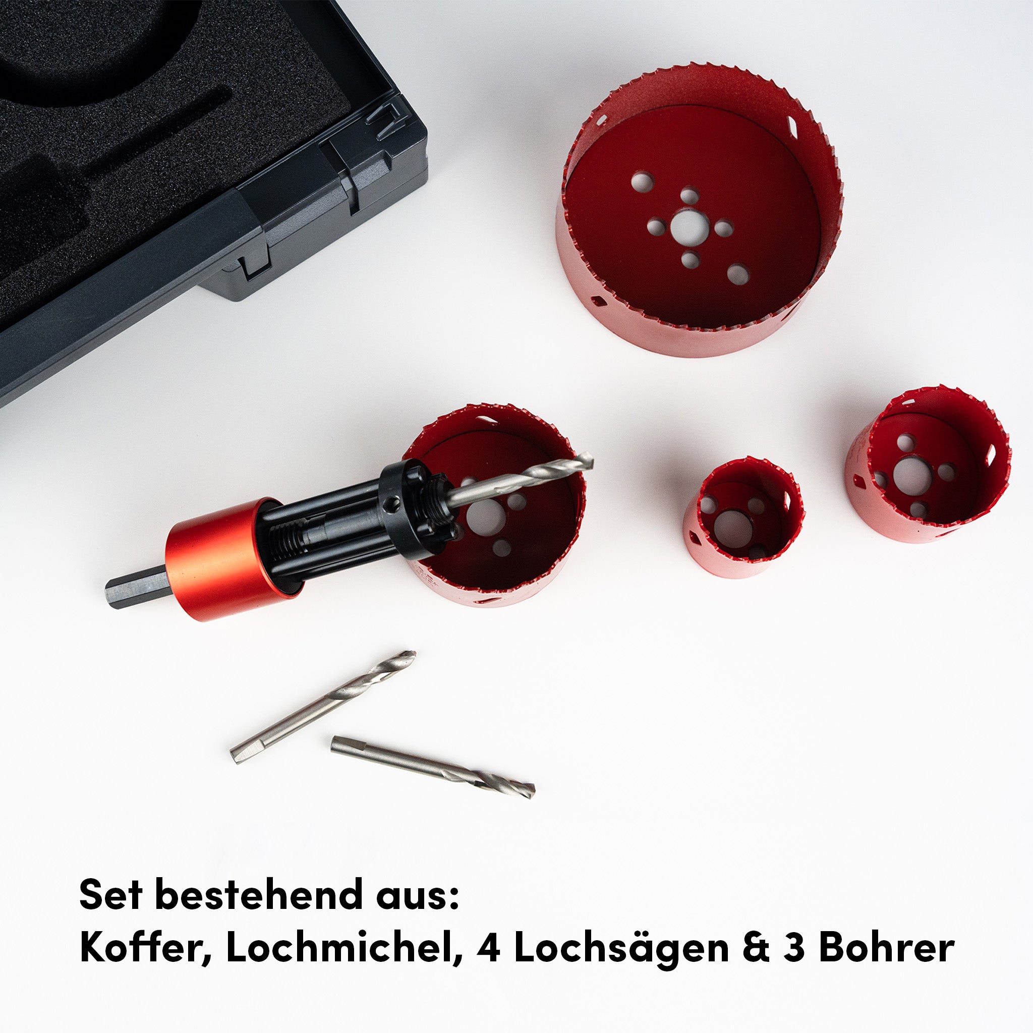 Lochmichel Set mit Lochsägen, Zentrierbohrern und Auswurfmechanik